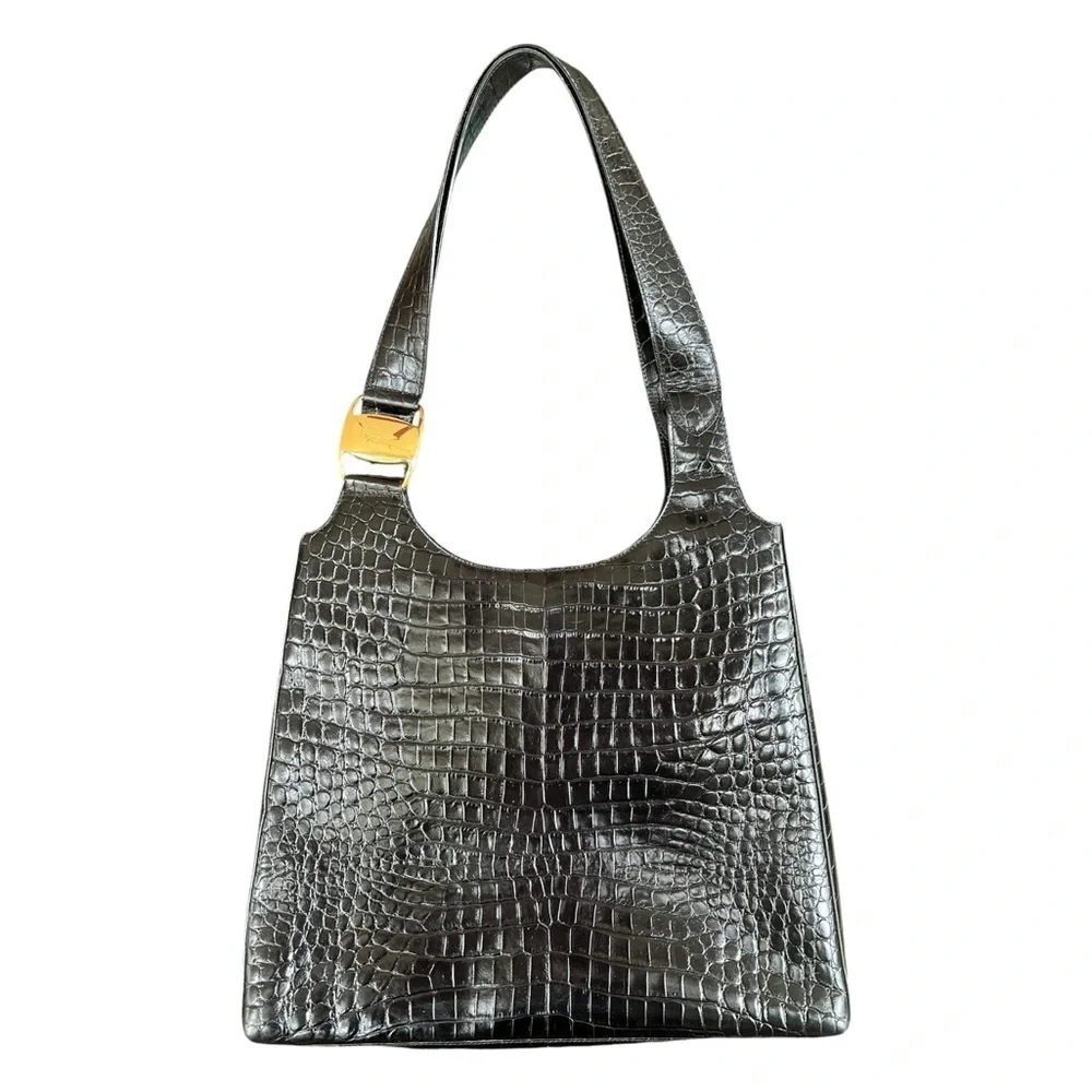 Salvatore Ferragamo Black Crocodile-Embossed Shoulder Bag